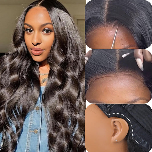 5x5 Real HD Lace Glueless Wigs Human Hair, 150% Density Body Wave Closure Wigs Pre Plucked Invisible Hairline Glueless Brazilian Virgin Human Hair with Bleached Knots 18 Inch