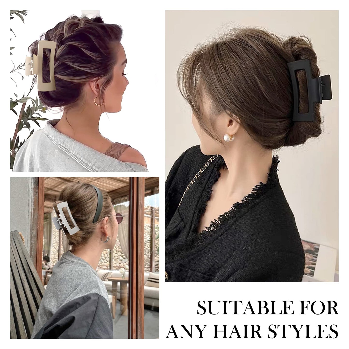 Beauty.H.C Large Nonslip Matte Neutral Claw Hair Clips for Thick, Thin or Curly Hair - 8 Strong Hold Jumbo 4.1 Inch Jaw Clips for Women and Girls