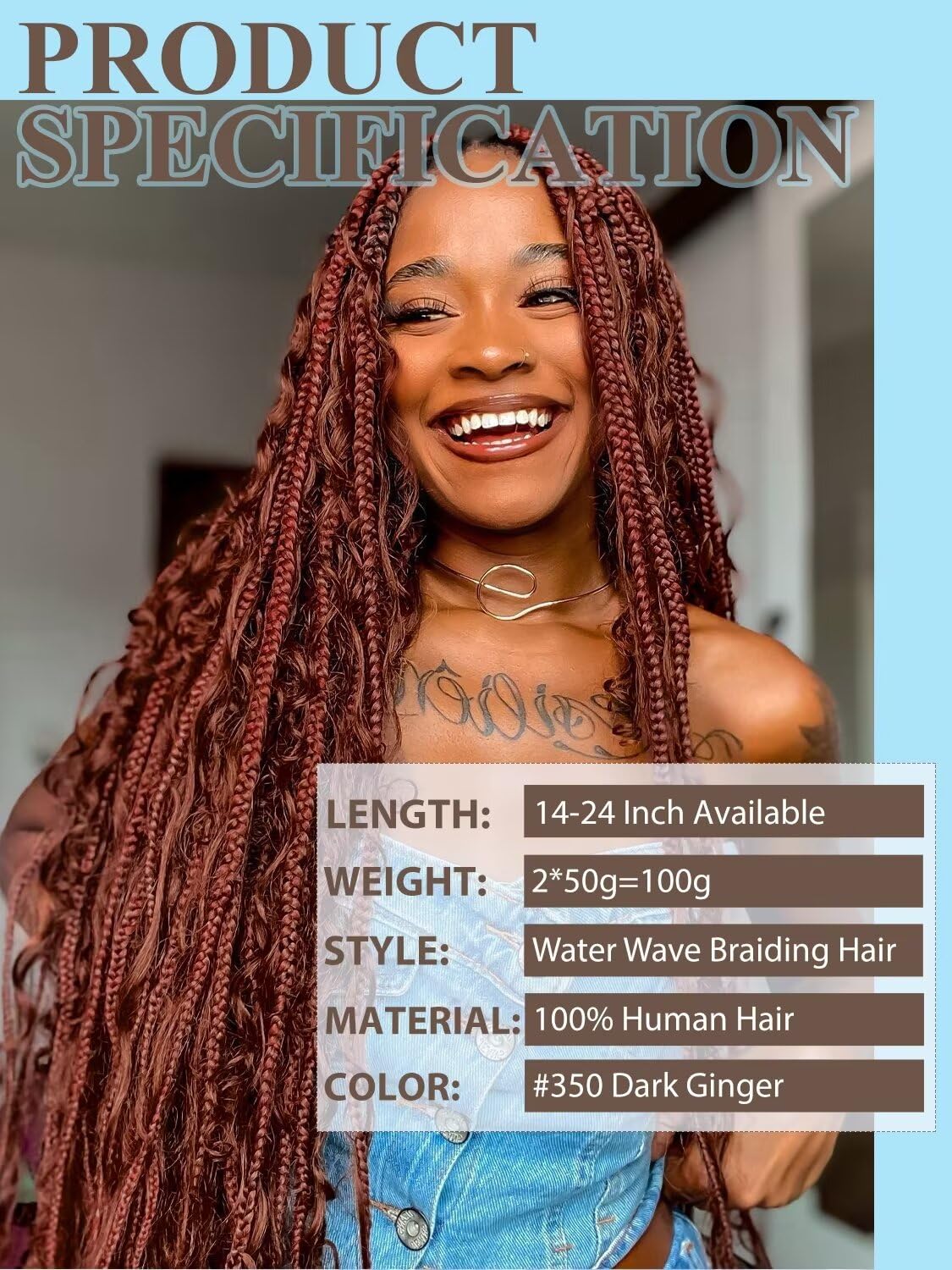 350 Braiding Hair Water Wave 100g 14 Inch Dark Ginger Deep Wave Bulk Human Hair for Braiding 2 Bundle 12A Brazilian Virgin Curly Human Hair Extensions for Boho Braids Wet and Wavy Copper Braiding Hair