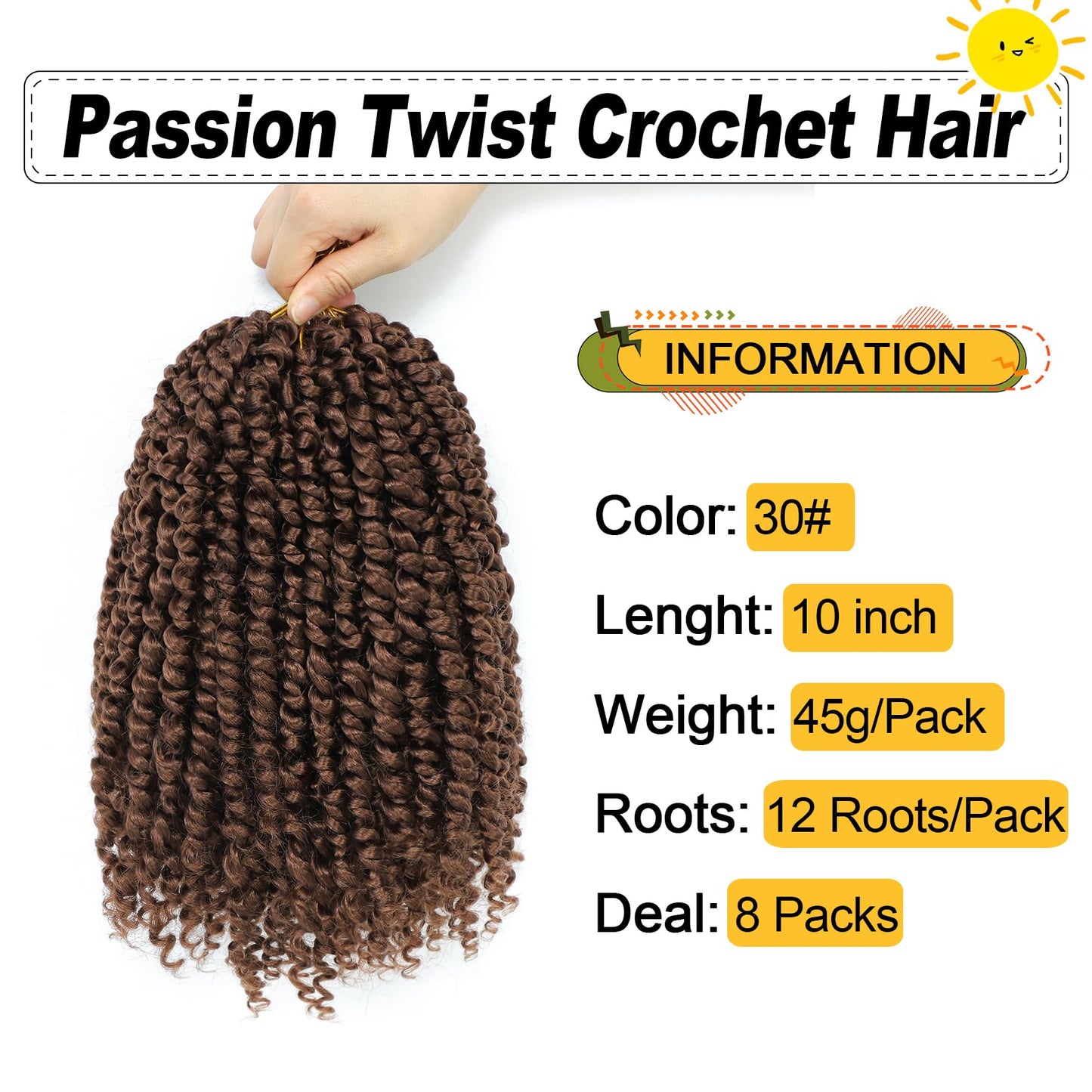 Passion Twist Hair 10 Inch 8 Packs, Pre Twisted Passion Twist Crochet Hair For Black Women, Pre Looped Passion Twist Curly Crochet Hair, Short Crochet Passion Twist Hair (10 Inch (Pack of 8), 30#)