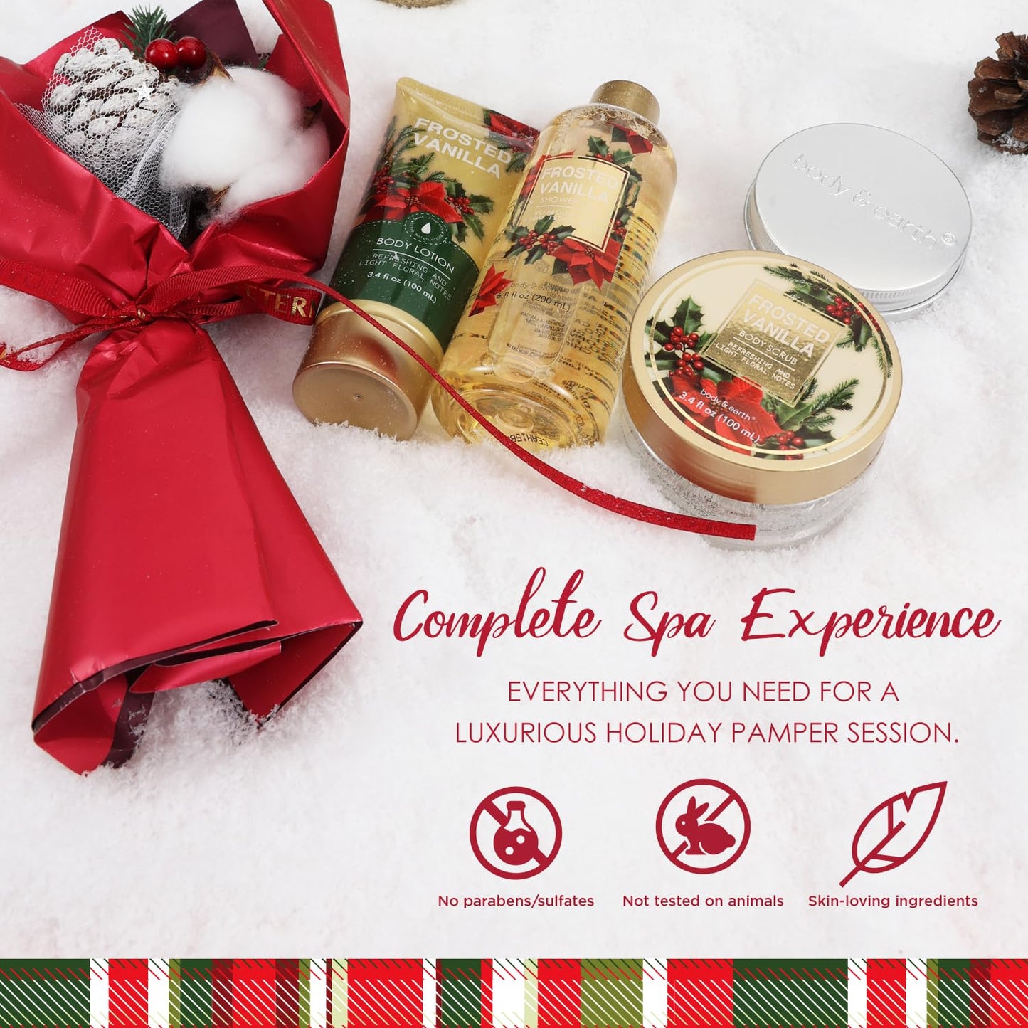 Christmas Day Gifts Spa Set for Her - BODY & EARTH Spa Gift Baskets for Women, 5 Piece Spa Gifts with vanilla Scented Bath Wash, Body Scrub, Body Lotion, Hand Soap