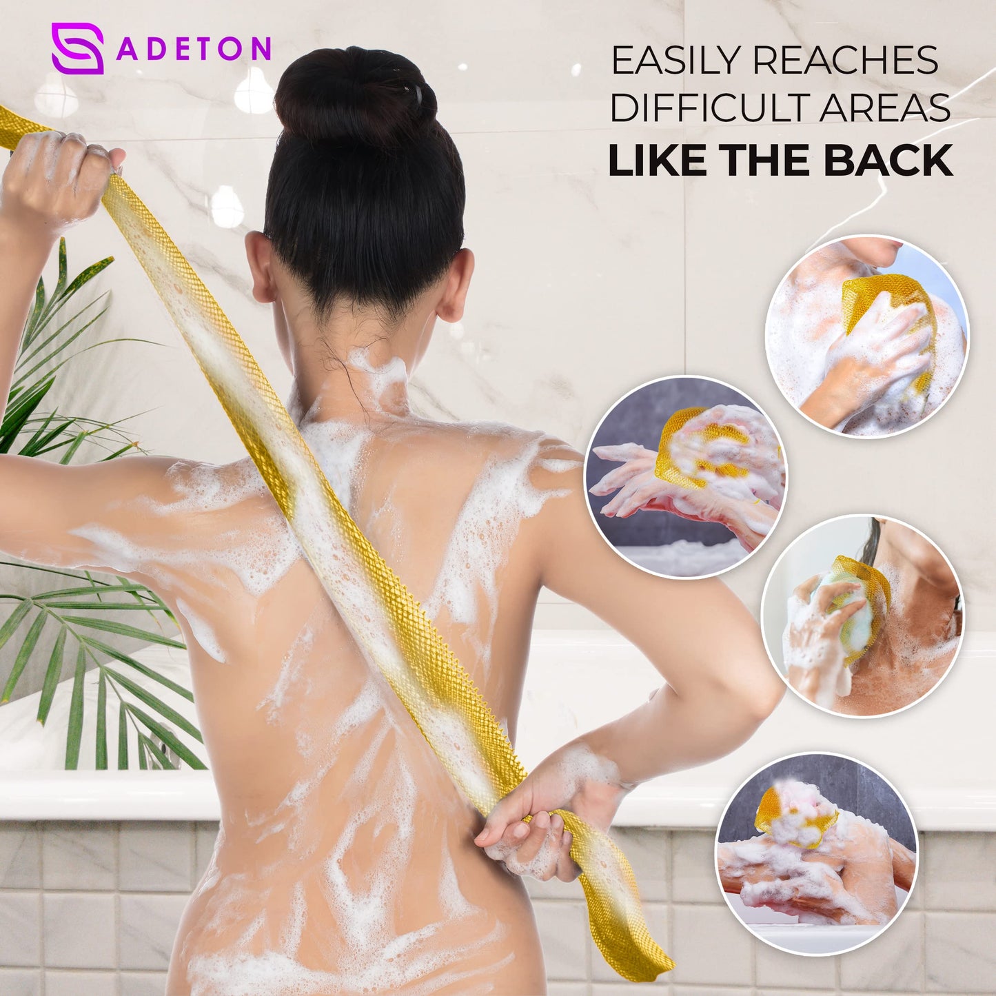 Adeton Sapo African Net Sponge, Authentic, Real, Exfoliating Bath Wash Cloth, Body Exfoliator, Long Sponge, Real, Shower Bath Accessories, Back Foot Scalp Scrub, Flat Dead Skin Remover (Golden Yellow)