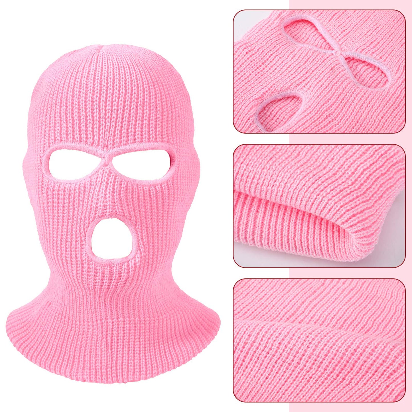 2 Pieces 3-Hole Ski Mask Knitted Face Cover Winter Balaclava Full Face Mask for Winter Outdoor Sports (Pink, Rose Red)