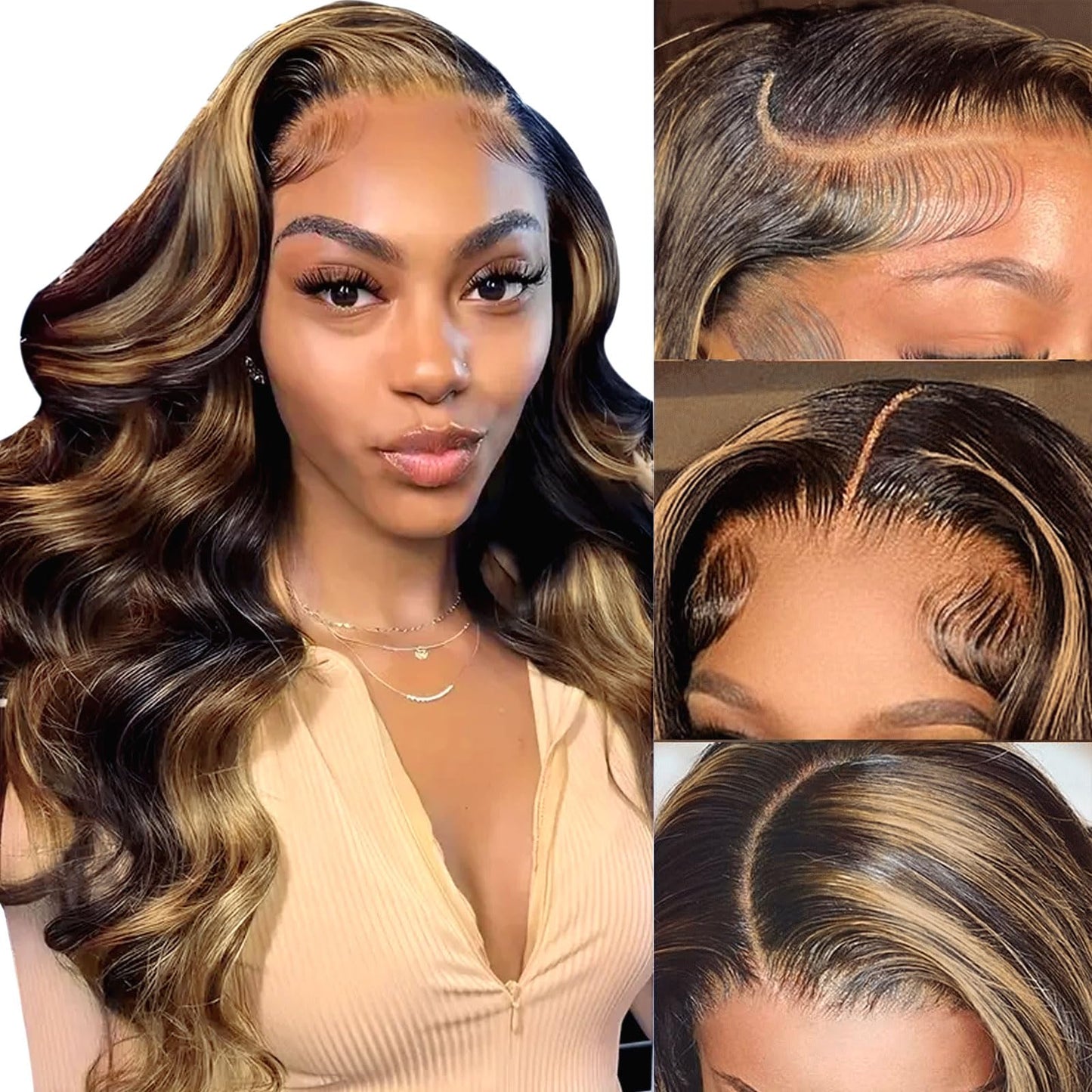 haha Body Wave Ombre Lace Closure Wig Human Hair 1B/30 Brown Highlight Lace Front Wig 4x4 Honey Blonde Highlight Wig Human Hair Glueless Pre Plucked Bleached Knots 150% Density Balayage 14 Inch