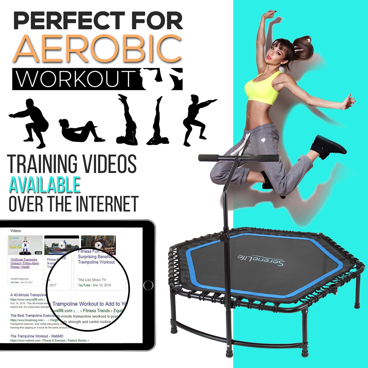 SereneLife Fitness Exercise Rebounder Mini Trampoline-48' Inch Hexagonal Jump Exercise Equipment Mini Trampoline For Adults-Rebounders Mini Trampolines For Adults With Bar Handle-SereneLife SLELT518