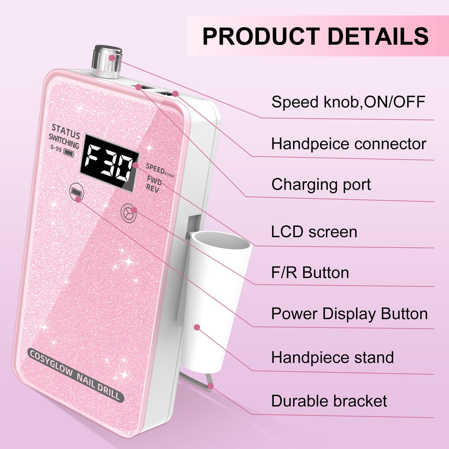 Professional Electric Nail Drill File:COSYGLOW Glitter Portable Cordless E-File Nail Drill Kit with 11 Nail Drill Bits,30000 RPM Rechargeable Nail Drill Machine for Acrylic Nails Gel Polishing(Pink)