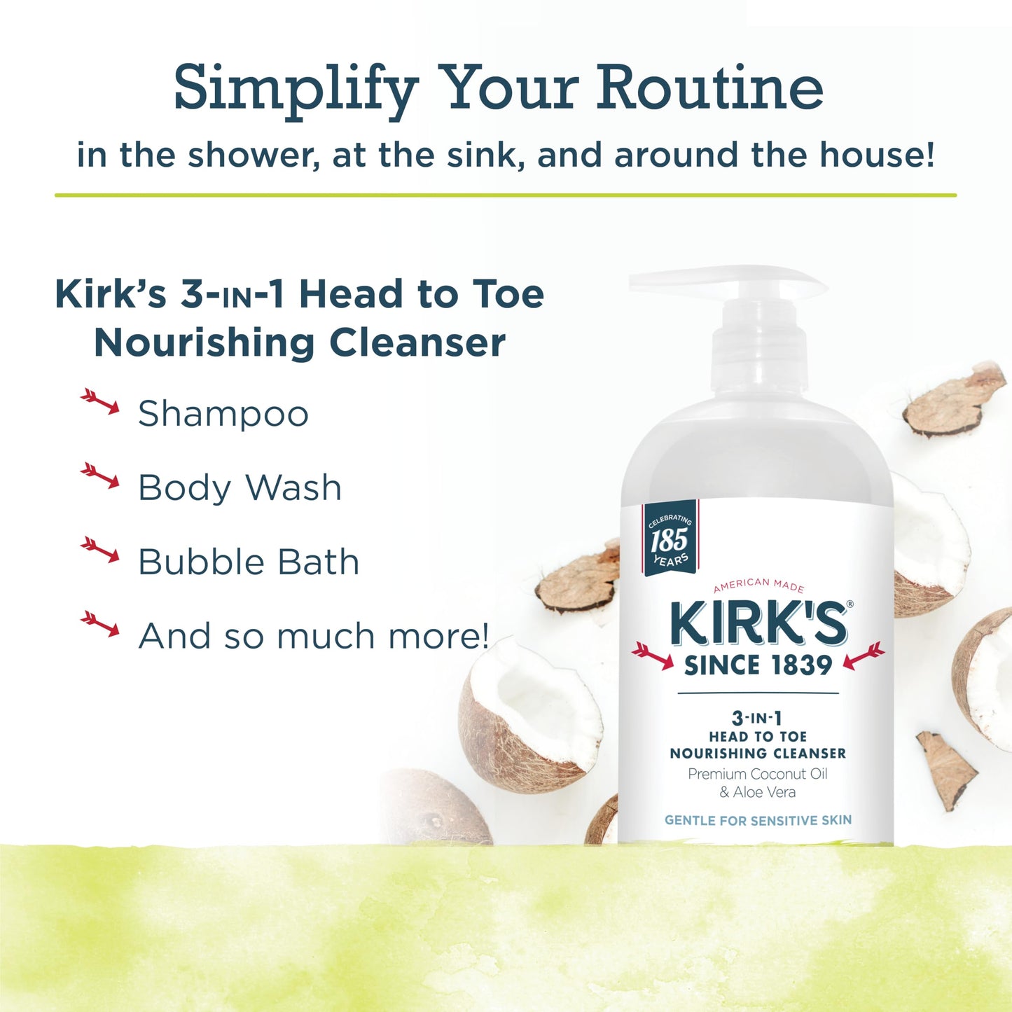 Kirk's 3-in-1 Head to Toe Nourishing Liquid Cleanser- for Men, Women & Children - Premium Coconut Oil & Aloe Vera- Non GMO & Vegan -Juniper & Lime - 32 Fl Oz 2 Pack