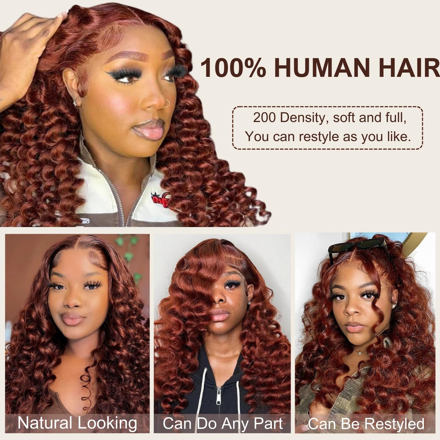 AAKJJ Reddish Brown Deep Wave Lace Front Wigs Human Hair 13x4 HD Transparent Lace Front Wigs for Women Copper Auburn Colored Human Hair Wig Glueless Pre Plucked with Baby Hair 200 Density 24 Inch