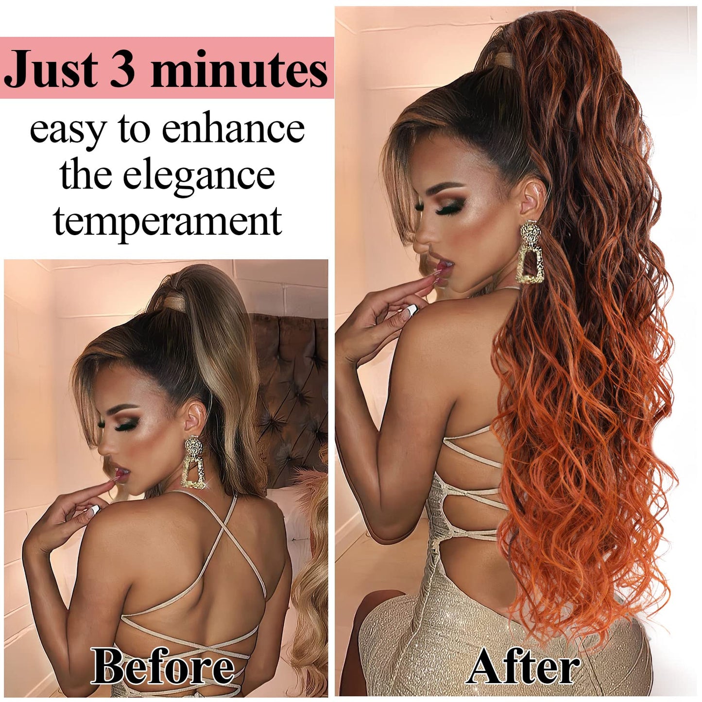 Copper Ginger 350 Ombre Ponytail Extensions - Long Curly Wavy Thick Hair Extainson Ponytail Wavy Clip in Ponytail Extensions Blonde Drawstring Ponytail for Black Women #1B/350 6 OZ