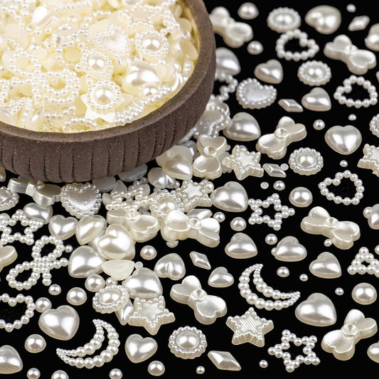 600Pcs 3D Multi Shapes Nail Charms and Flatback Pearls, Beige Mix Styles Heart Star Bow Sunflower Embellishments for Nail Art, Craft and Decoration with Tweezer and Pickup Pencil