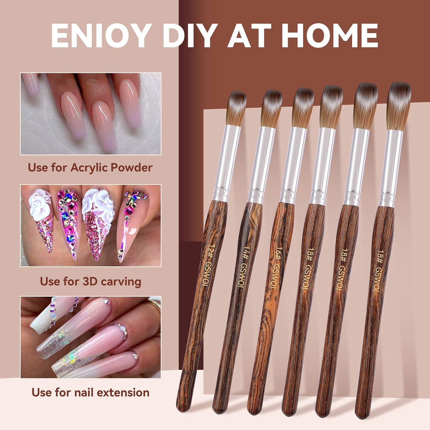 100% Kolinsky Acrylic Nail Brush,GSWOI Acrylic Brushes for Nails Size 12 Wood Handle Application Extension,Nail Tools for Professional Manicure Salon DIY at Home (#12)