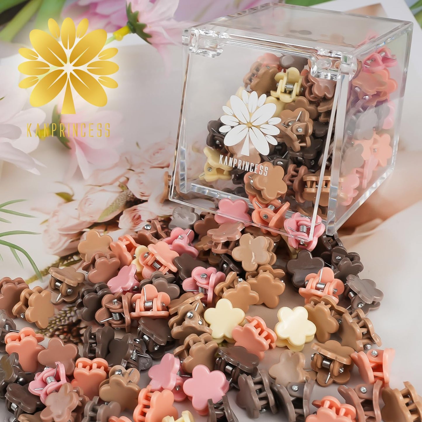KANPRINCESS 90PCS Mini Claw Clips Small Hair Clips With Fancy Box Flower Claw Clips for Hair Cute And Sweet Small Claw Clips For Women And Girls Hair Accessories For Gift(SET1)