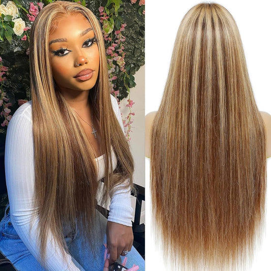 24 Inch Highlight Ombre Blonde Lace Front Wig Human Hair Pre Plucked 13x6 HD Transparent Lace Front Wig 4/27 Brown Highlight Honey Blonde Lace Frontal Wigs Ombre Blonde Human Hair Wigs for Women