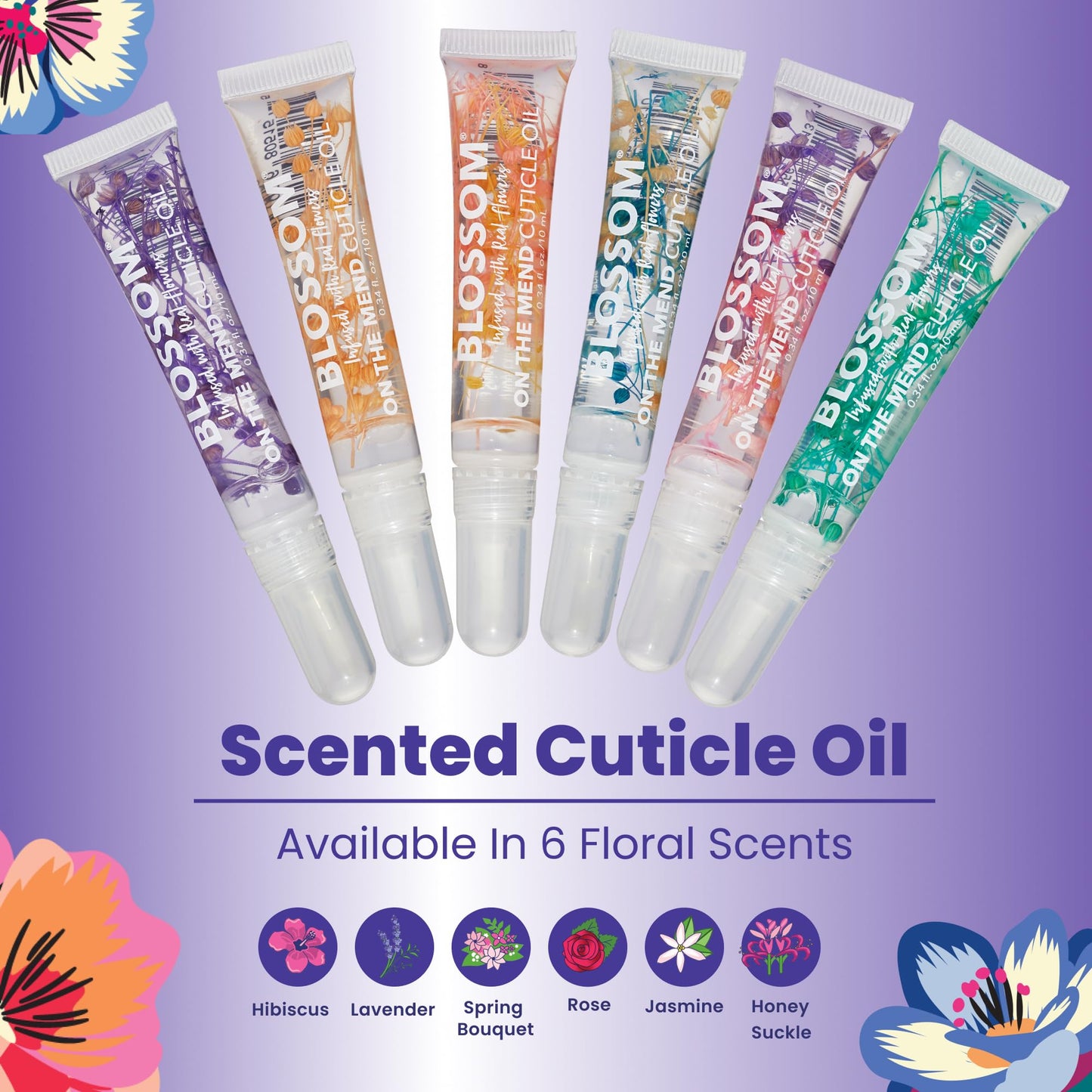Blossom Cuticle Oil, On the Mend Scented Portable Cuticle Pen Tube for Travel with Brush Tip and Nourishing Jojoba Seed Oil, Infused with Real Flowers, 0.34oz, Spring Bouquet