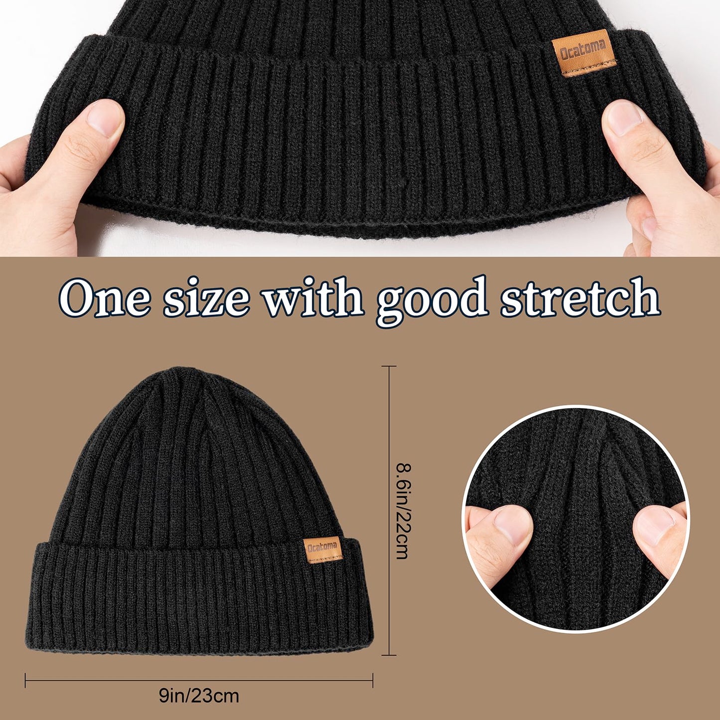 Ocatoma Beanie for Men Women Winter Knitted Cuffed Hat with Warm Lining Soft Ski Hat Unisex Gifts for Men Women Black