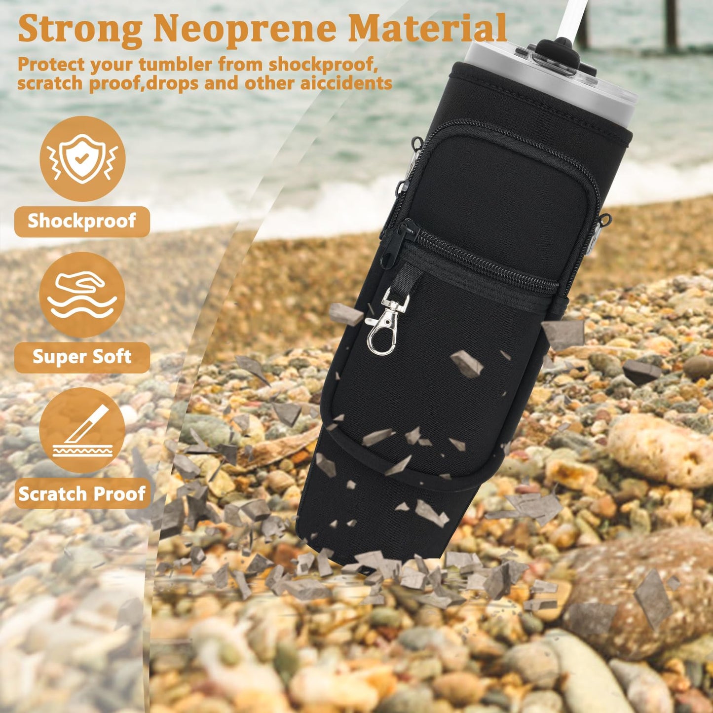 Water Bottle Carrier Bag with Phone Pocket Compatible with Stanley/Meoky 40 oz Tumbler with Handle,Neoprene Water Bottle Holder Pouch with Adjustable Strap Compatible with Stanley Cup Accessories