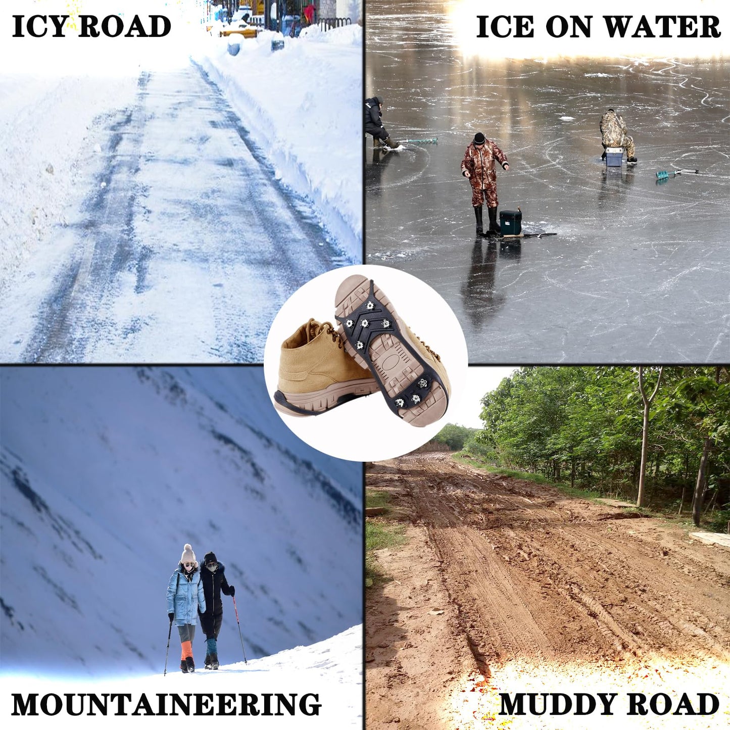 2 Pairs Ice Cleats for Shoes and Boots,Universal 8 Steel Studs Crampon Ice & Snow Grippers for Winter Hiking Climbing Ice Fishing,Anti-Slip Spikes for Shoes
