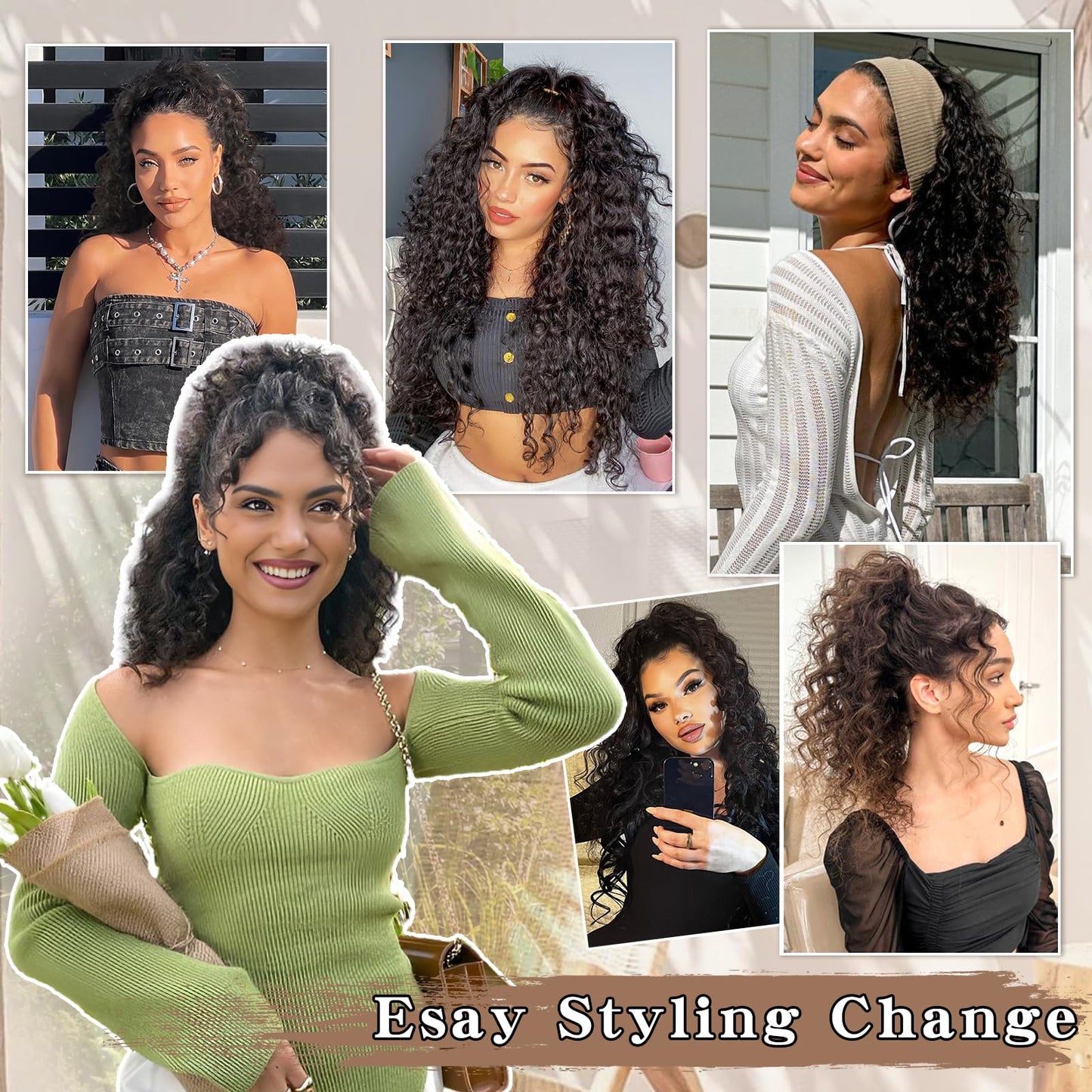 SHNMIN Ponytail Extension, Curly Drawstring Ponytail Extension for Women 18 Inch Curly Wavy Ponytail Yaki Textured Natural Fluffy Synthetic Hairpiece for Daily Use