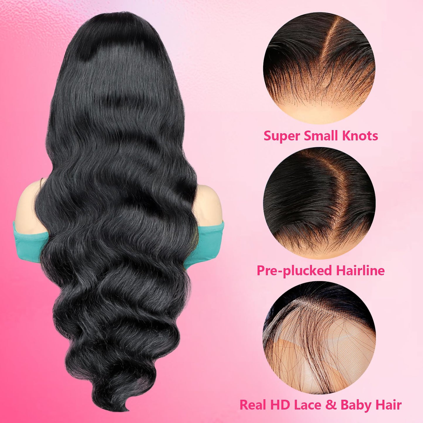 GVRR Body Wave 13x4 Full Frontal Wig Human Hair Full 13x4 HD Transparent Front Wigs Pre Plucked Bleached Knots Full 13x4 HD Lace Front Wigs 200% Density Tiny Knots Brazilian Hair Natural Black 26 Inch