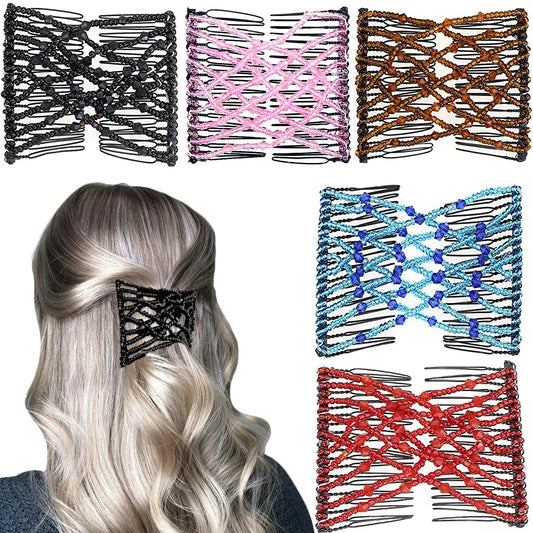 5 Pieces Elastic Magic Hair Comb Stretchy Double Comb Hair Forks Clips for Women Girls Vintage Hairstyle Multipurpose Hair Accessories (Black,Coffee,Pink,Red,Blue)
