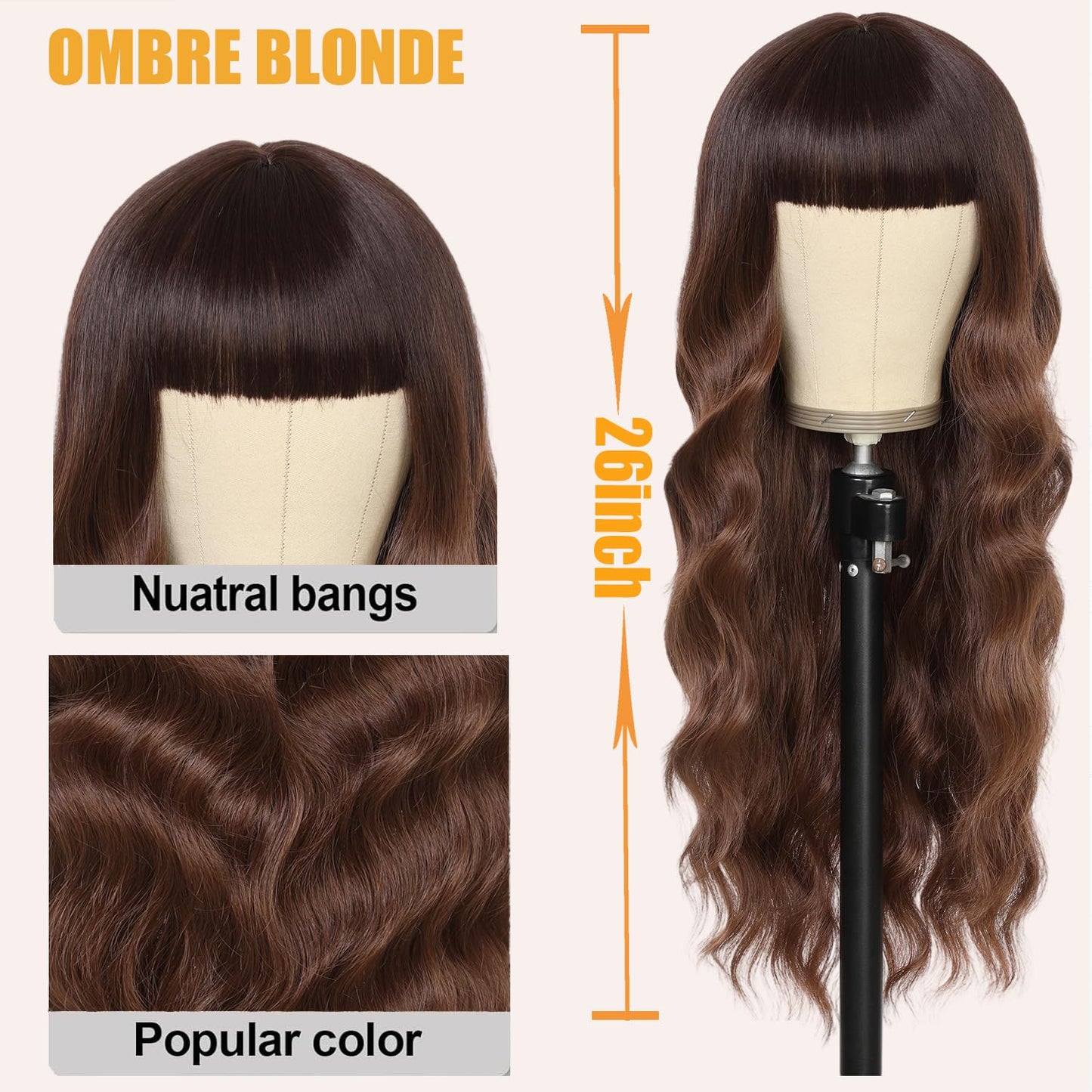 punhurt Brown Wig with Bangs 26 Inches Long Wavy Curly Wig for Women Synthetic Wigs for White Women Wigs with Bangs