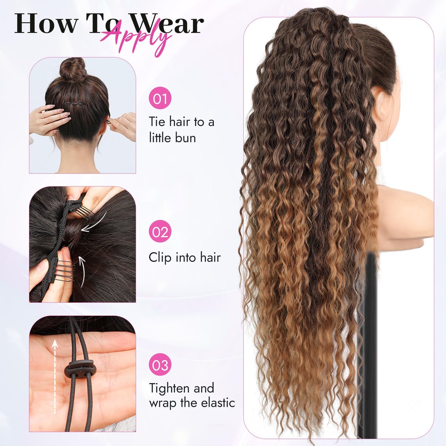 Isaic 26Inch Drawstring Ponytail Extensions for Women, Synthetic Long Curly Wavy Ponytail Gorgeous Pony Tails Hair Extensions for Daily Use(Ombre Medium Brown to Blonde)
