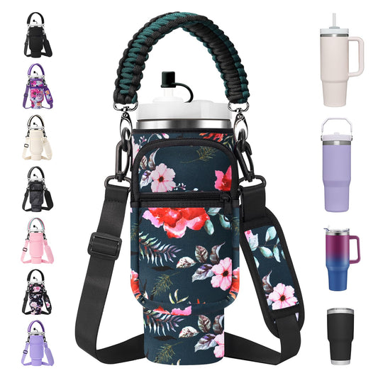 AceTreker 30/40 oz Stanley Cup Holder Bag with Phone Pocket, Neoprene Insulated Simple Modern Travel Mug Sleeve w/Paracord Handle & Straw Cover for Car Gym Walking-Wild Rose
