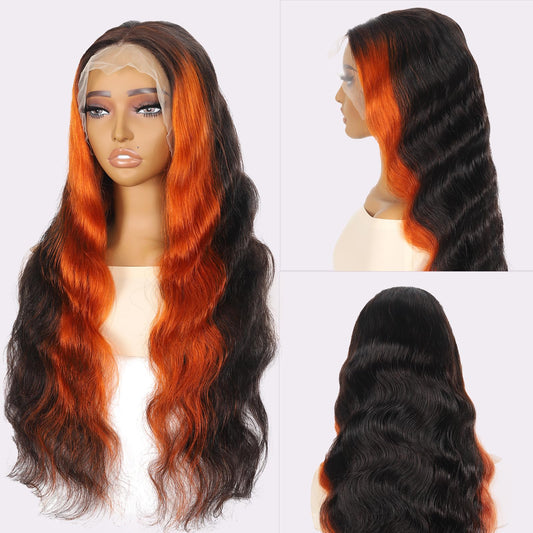 13x6 Ginger Orange Lace Frontal Wigs Body Wave Highlight Ombre Colored Human Hair 13x6 HD Transparent lace wigs Pre-plucked With Baby Hair 200% Density Glueless 100% Virgin Human Hair (26inch)