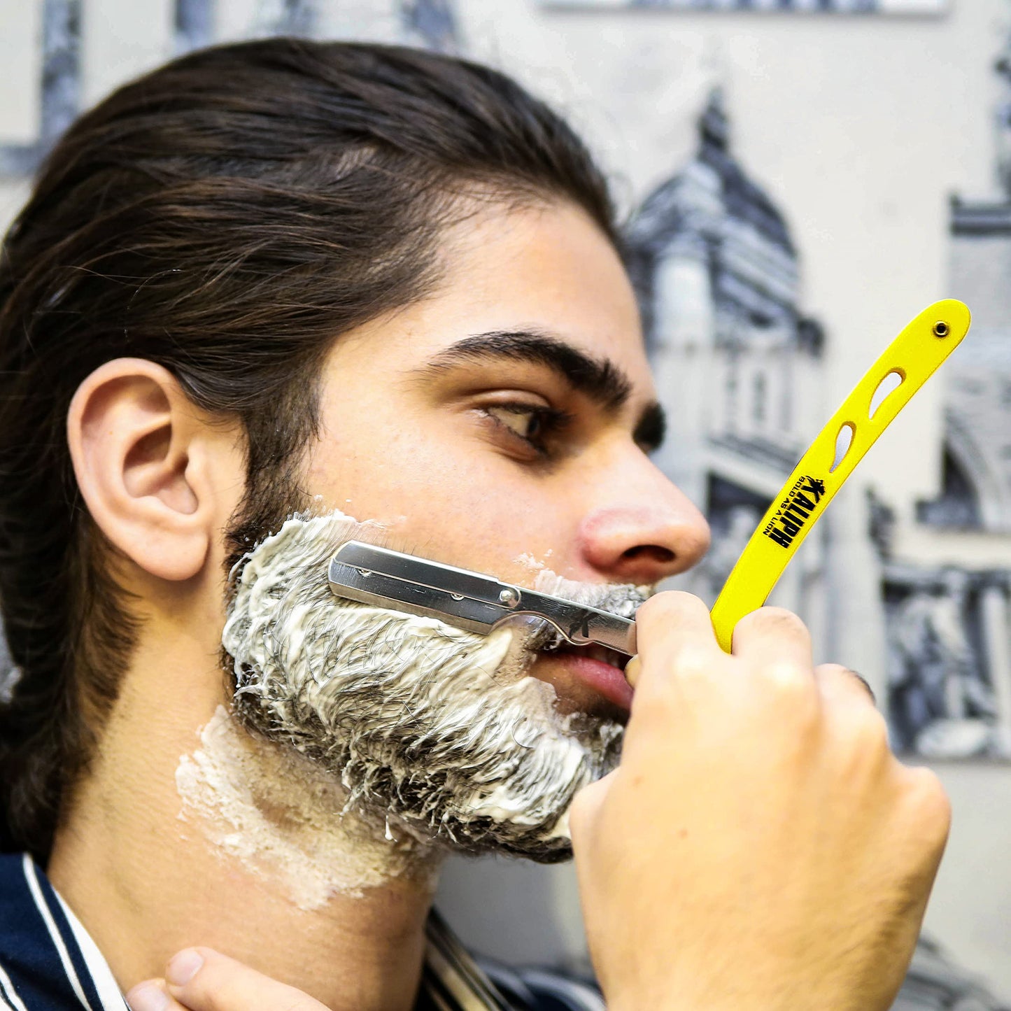 Kaliph Professional Barber Straight Razor For Men - Premium Pack of 2Pcs Shavette Straight Razor With 100 Shaving Blades - Salon Quality Men's Manual Cut Throat Razor For Close Shaving (Black & Yellow