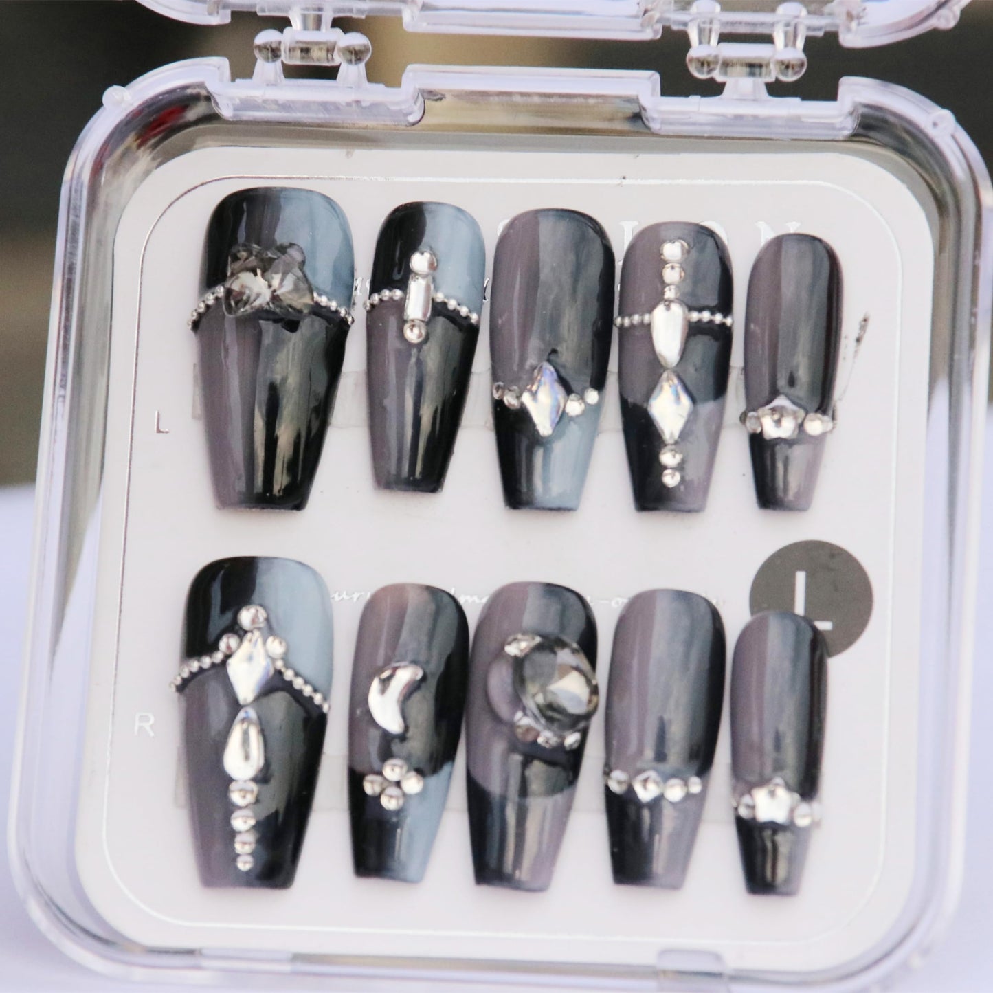 CAMILCY Handmade Nails Press on Coffin Armor Gradient Black Crystal Design Hand Painted Reusable Gel UV Finished Pre Shaped False Nails for Women 10Pcs 3D Handmade Nails (A011 L)