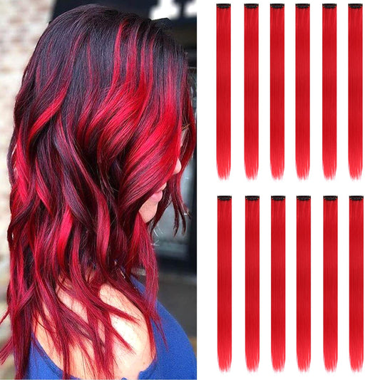 12PCS Colored Red Hair Extensions Straight Multicolor Clip in Hair Extensions Colorful 20 Inch Rainbow Hair Extensions for Kids Women's Gifts Halloween Christmas Party Highlights (12pcs Red)