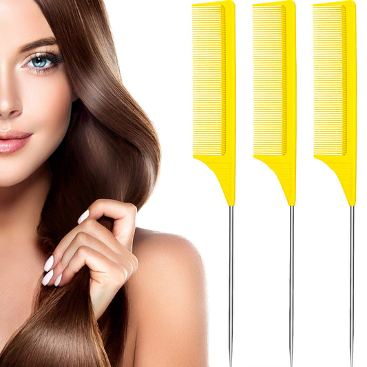 3 Packs Rat Tail Comb Steel Pin Rat Tail Carbon Fiber Heat Resistant Teasing Combs with Stainless Steel Pintail (Yellow)