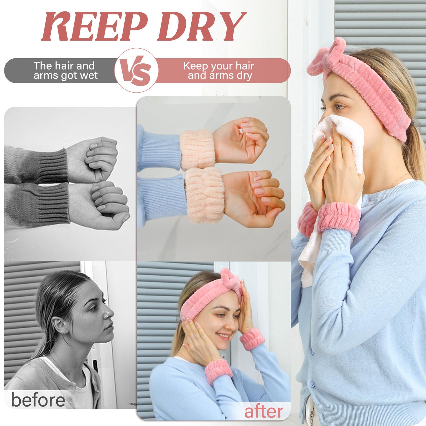 Women's Microfiber Face Washing Wrist Towels - Absorbent Wristbands and Spa Sweatbands for Girls, Prevent Water from Spilling Down Arms (10PCS)