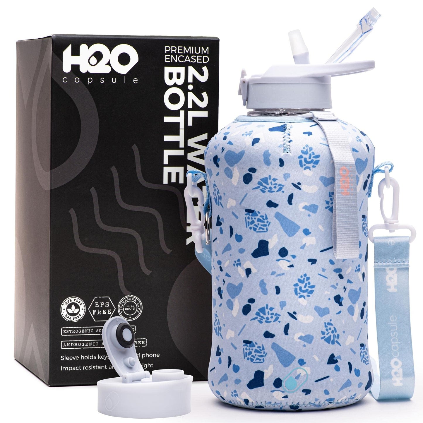 H2O Capsule 2.2L Half Gallon Water Bottle with Storage Sleeve and straw lid– BPA Free Large Water Bottle/2.2 Liter (74 Ounce) Big Sports Bottle Jug with Handle (Blue Pebbles)