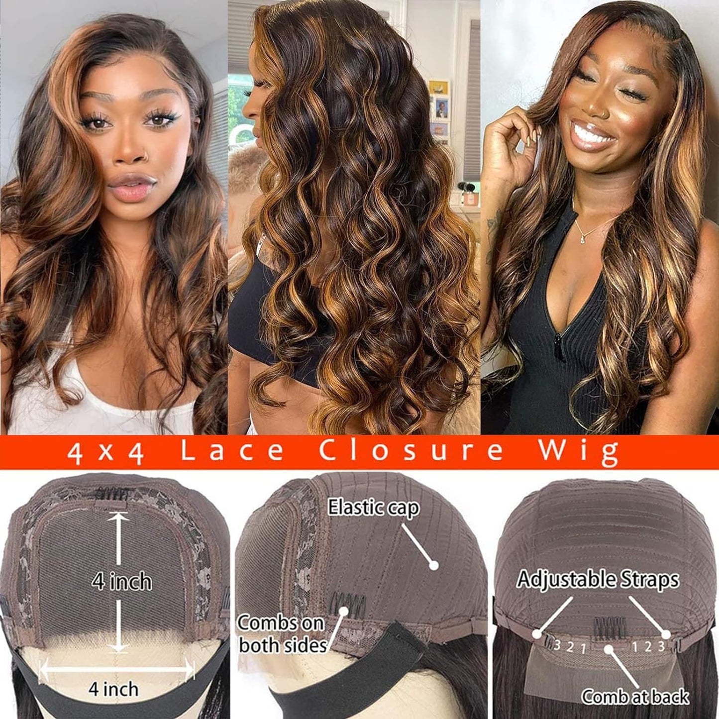haha Body Wave Ombre Lace Closure Wig Human Hair 1B/30 Brown Highlight Lace Front Wig 4x4 Honey Blonde Highlight Wig Human Hair Glueless Pre Plucked Bleached Knots 150% Density Balayage 14 Inch