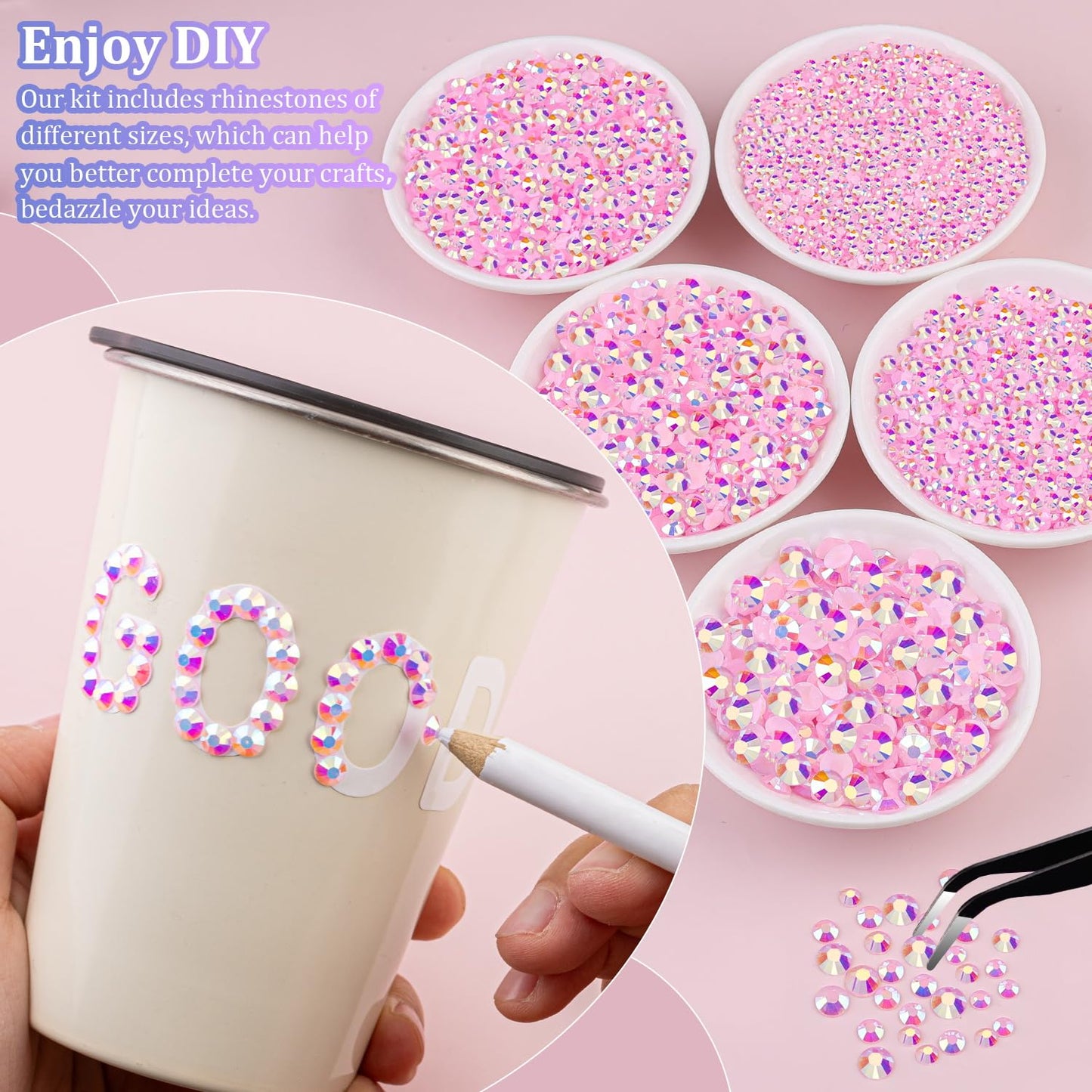 16000Pcs Resin Jelly Rhinestones with Tweezers for Crafting, Light Pink AB 2-6mm Mixed Sizes Flatback Gems, Bedazzling Crystal for DIY Crafts Clothing Tumblers Mugs Shoes Fabric Nail Art