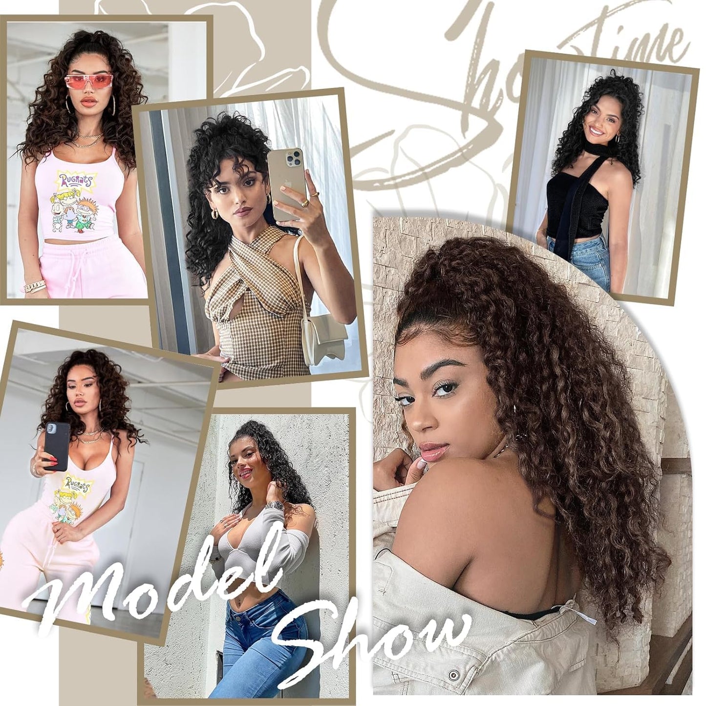 AISI BEAUTY Curly Ponytail Extension,Drawstring Ponytail Extension for Black Women Synthetic Curly Wavy 20 Inch Fake Clip in Ponytail Hair Extensions for Daily Use(1BH27)