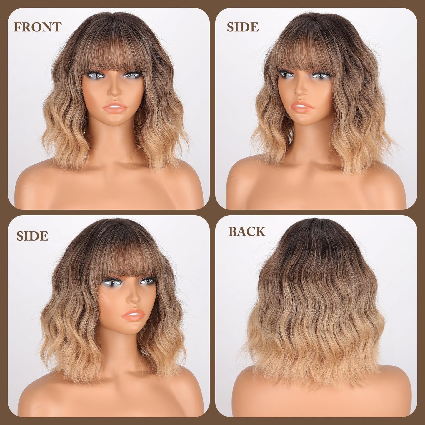 MISSQUEEN Ombre Blonde Wig with Bangs Short Wavy Brown Omber Blonde Wigs for Women Natural Looking Synthetic Heat Resistant Fiber Wig for Daily Party Cosplay Use