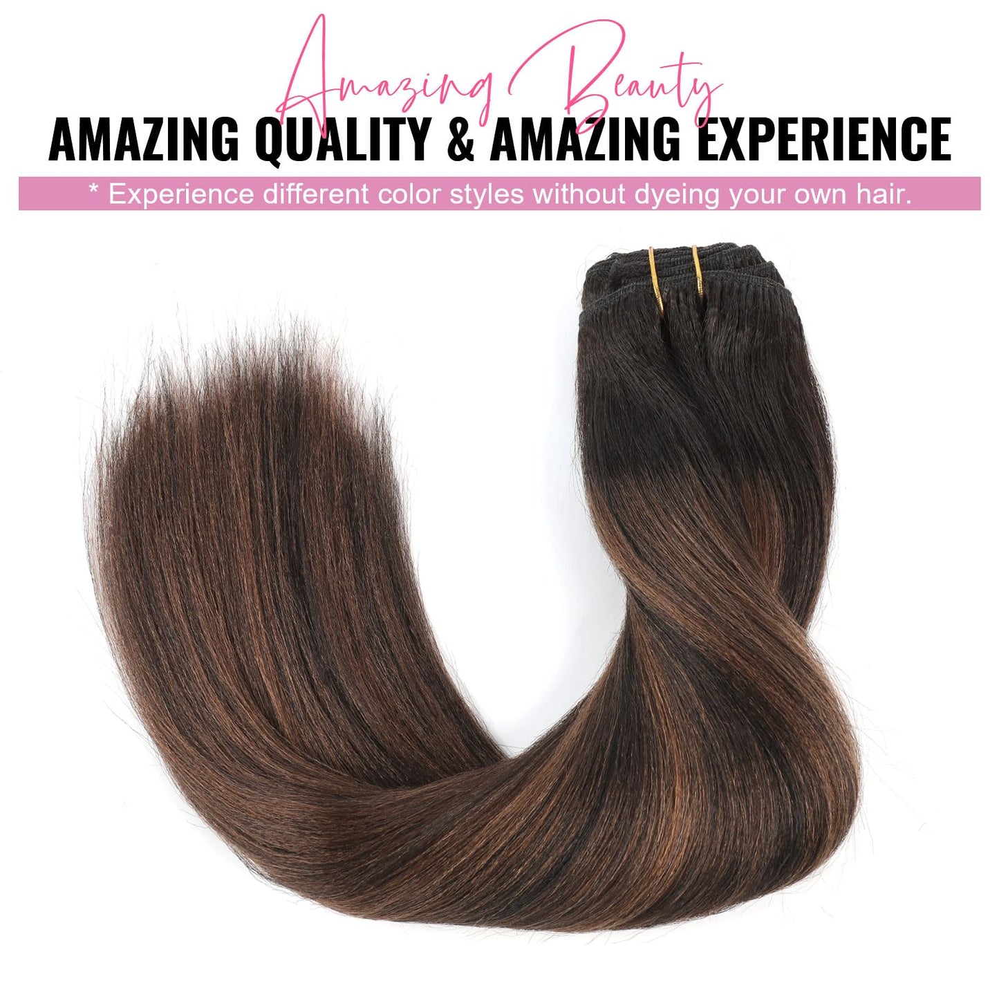 ABH AMAZINGBEAUTY HAIR Yaki Straight Clip in Hair Extensions Real Human Hair Rooted Black Piano Natural Black #1B Mixed With Chocolate Brown #4 Two Tone Light Yaki Clip ins for Black Women 18inch 120G