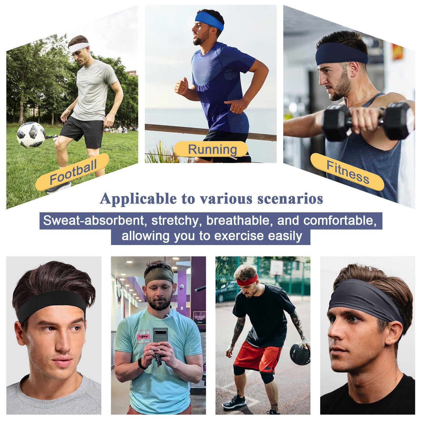 3 Packs Sweatband Sports Headbands for Men Elastic Hair Bands Fashion Headscarf Bandage Yoga Moisture Wicking Workout Running Fitness Hairbands (Black, Army Green, Dark Blue)
