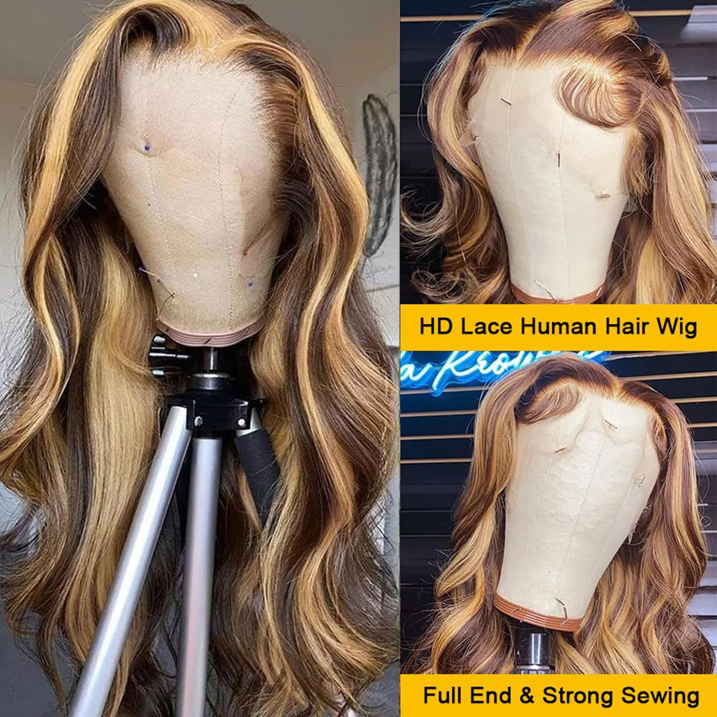 SPOU 13x6 Highlight Ombre Lace Frontal Wigs Human Hair 4/27 Honey Blonde 180% Density Body Wave Wig for Women HD Transparent Lace Front Wig with Highlights Colored Glueless Wigs Human Hair 24 Inch