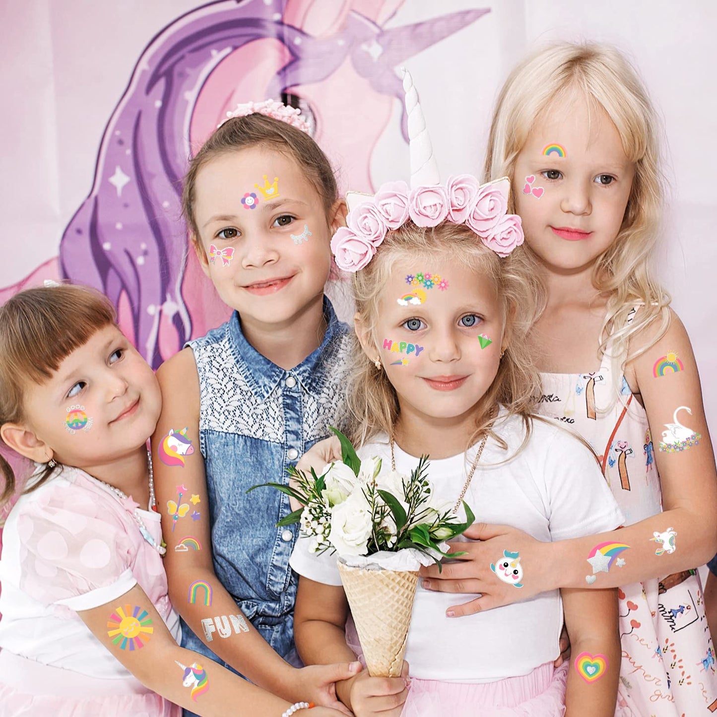 118 PCS Unicorn Rainbow Temporary Tattoo Kids, Glitter Crown Fake Tattoo for Girls’ Party Favors Birthday Supplies Decorations, Princess Tattoos Sticker for Kids 6 7 8 9 10 year