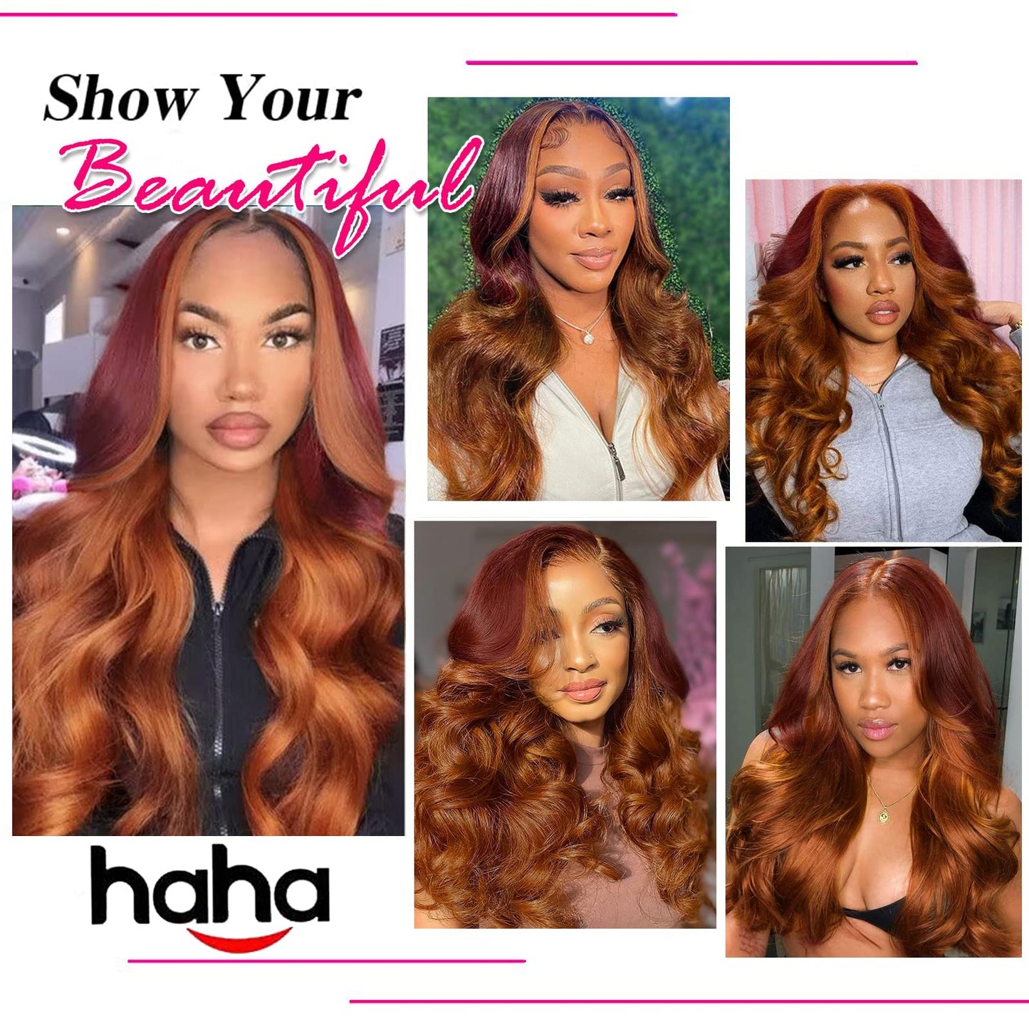 haha Red Orange Ombre Lace Front Wig Human Hair Ginger Red Highlight Lace Front Wig 13x4 Body Wave Lace Frontal Wigs Colored Pre Plucked Brazilian Remy Hair Skunk Stripe Wig 18 Inch 150% Density