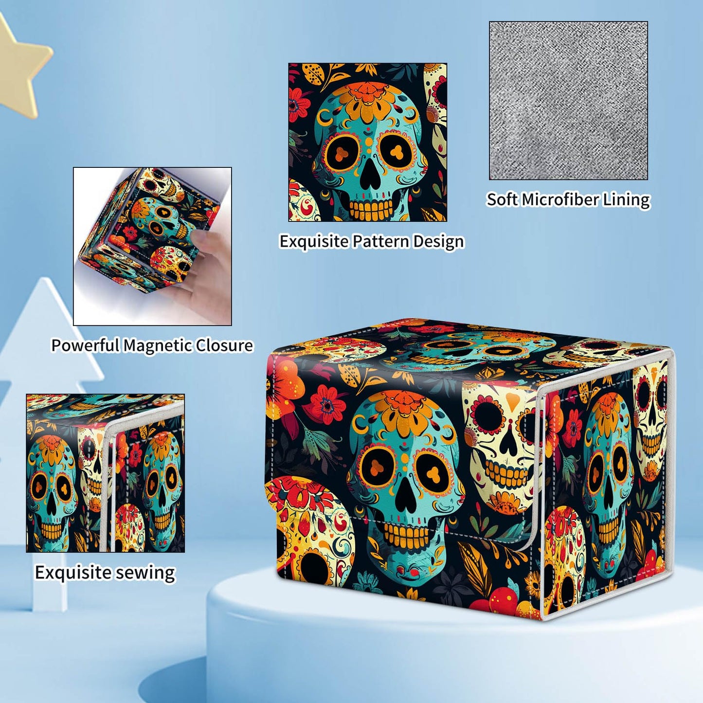 ACWDMKH for MTG Commander Deck Box,Card Deck Box for Trading Card Yugioh MTG Cards,Fits 100 Double Sleeved Cards,PU Leather Magnet TCG MTG Deck Case for Magic Commander Deck Box,Flower Skull