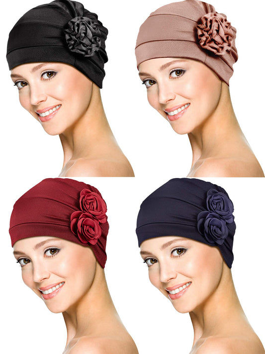 4 Pieces African Head Wrap Flower Turban Hats for Women (Khaki, Black, Wine Red, Navy Blue)