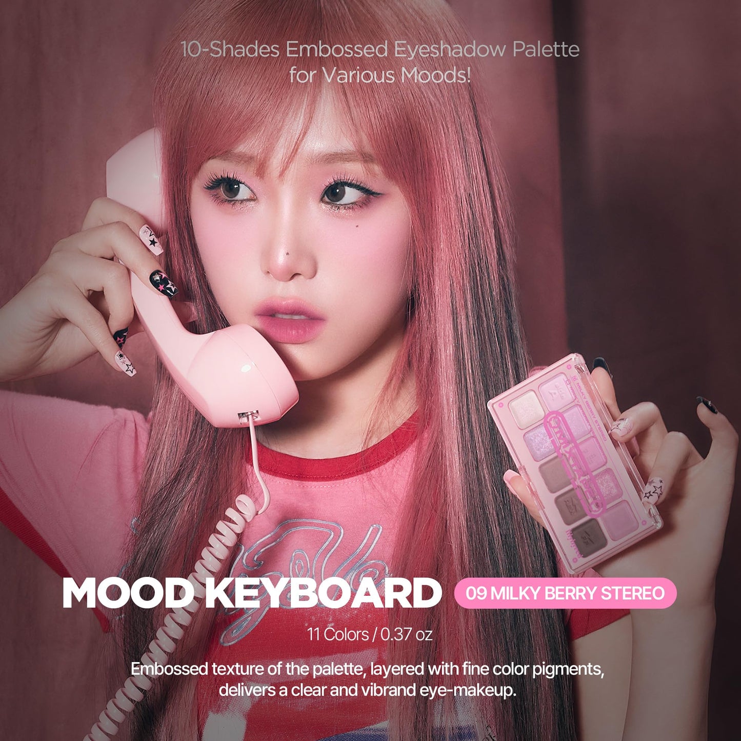 lilybyred Mood Keyboard | 10-Shade Korean Eyeshadow Palette, Highly Pigmented, Matte, Shimmer & Jelly Glitter, Smooth. Blendable, Long-Lasting, Dome-Shaped Design, 0.37 oz. (09 Milky Berry Stereo)