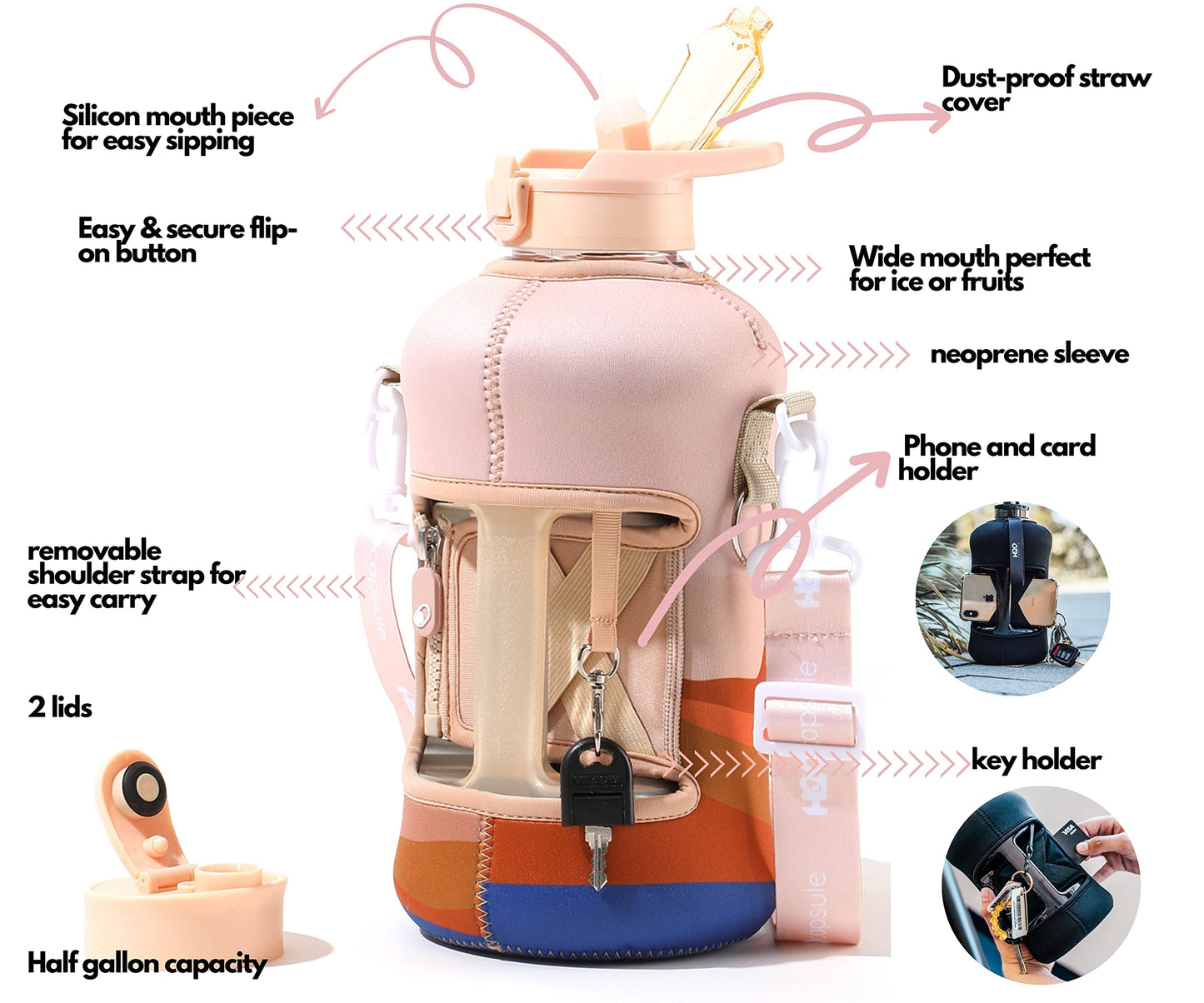 H2O Capsule 2.2L Half Gallon Water Bottle with Storage Sleeve and Covered Straw Lid – BPA Free Large Reusable Drink Container with Handle - Big Sports Jug, 2.2 Liter (74 Ounce), Desert Night