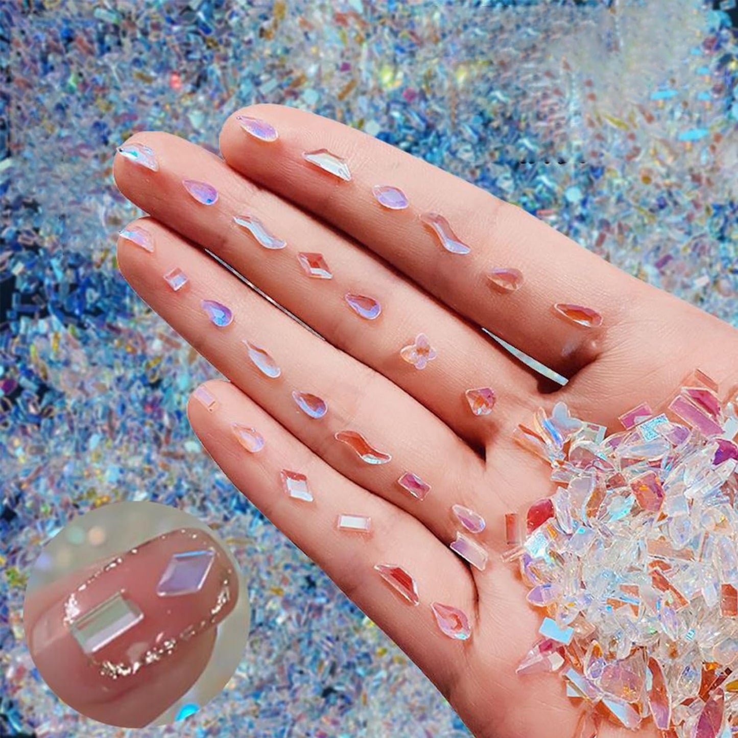 200PCS Aurora Nail Art Rhinestones Multi Shapes Mix 3D Glass Crystal Nail Gems Nail Charms Craft Heart Bear Star Irregular Iridescent Clear Nail Rhinestone Diamonds for Women Girls DIY Nail Art Design