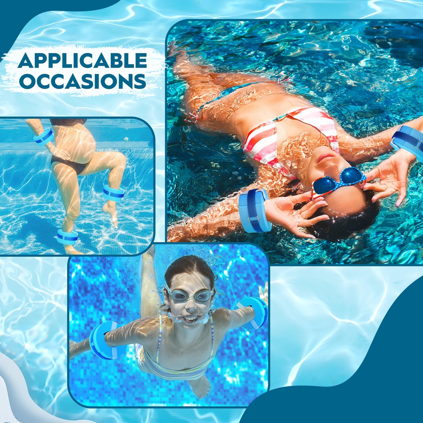 RoundFunny 2 Pcs Foam Swim Aquatic Cuffs Equipment Water Aerobics Float Ring with Detachable Hook and Loop Fastener Fitness Workout Set for Swimming Fitness Training Pool Exercise (Blue)