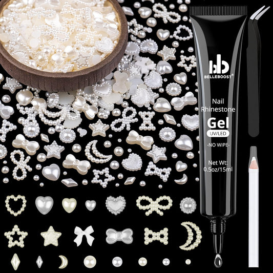 600Pcs 3D Multi Shapes Nail Charms and Flatback Pearls, White&Beige Mix Styles Heart Star Bow Sunflower Embellishments for Nail Art, Craft and Decoration with Glue Gel, Tweezer and Pickup Pencil